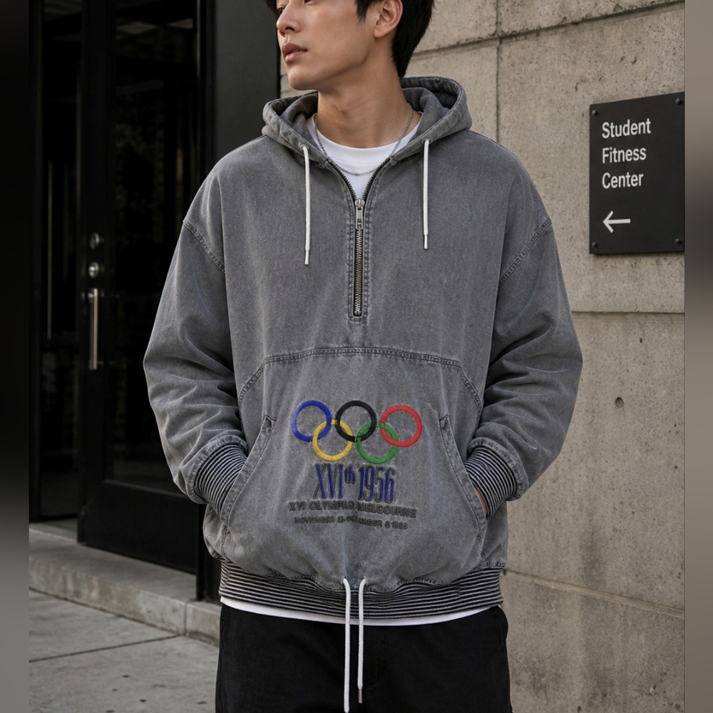 Adidas Olympic Hoodie Gray Size L HalfZip Pullover Kangaroo Pocket Vintage Style